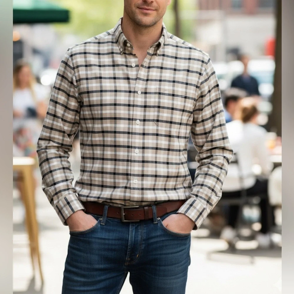 J. Crew Flex Oxford Button-Up Shirt Plaid Long Sleeve 100% Linen Size XL